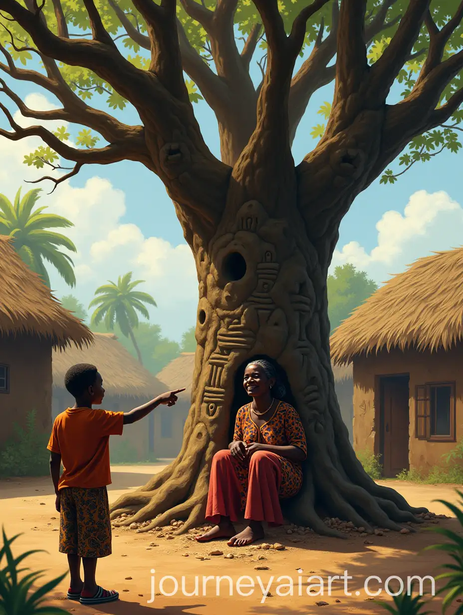 Boy-Pointing-at-Carved-Tree-in-Silent-Village-with-Woman-in-Kente