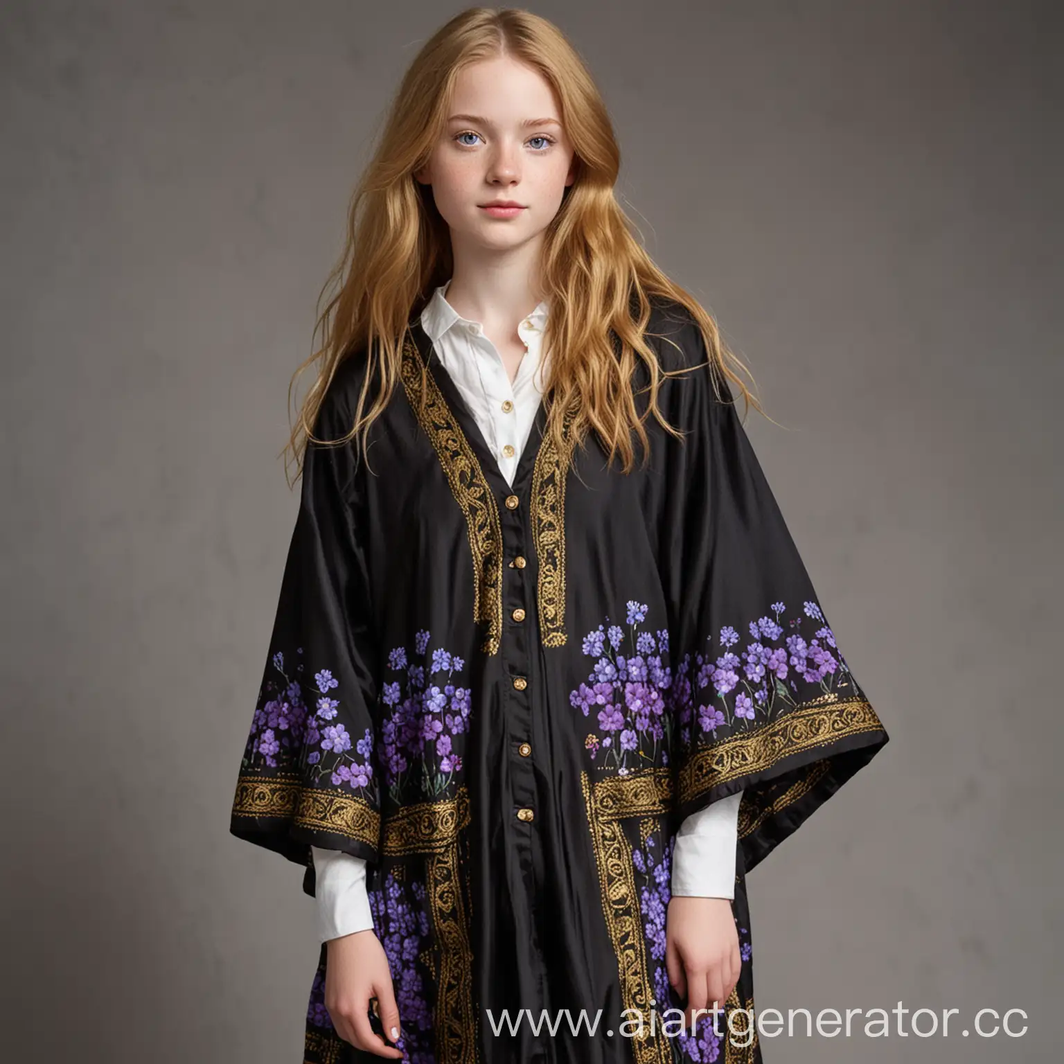 Teenage-Girl-in-Elegant-Black-Poncho-and-Silk-Skirt-with-Gold-and-Purple-Details