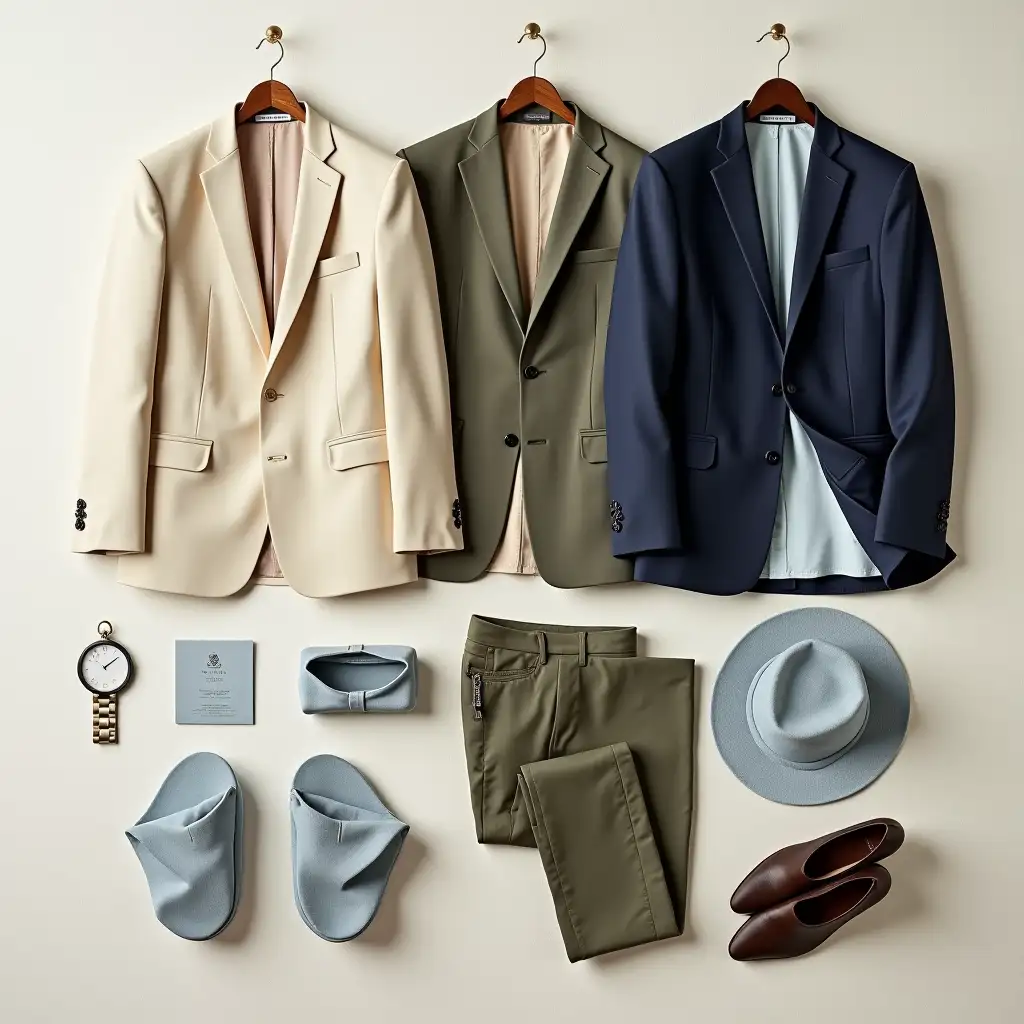 Elegant Old Money men's style palette on linen: cream, beige, navy suits, olive chinos, powder blue accessories. Soft lighting, timeless sophistication, and wardrobe swatches.