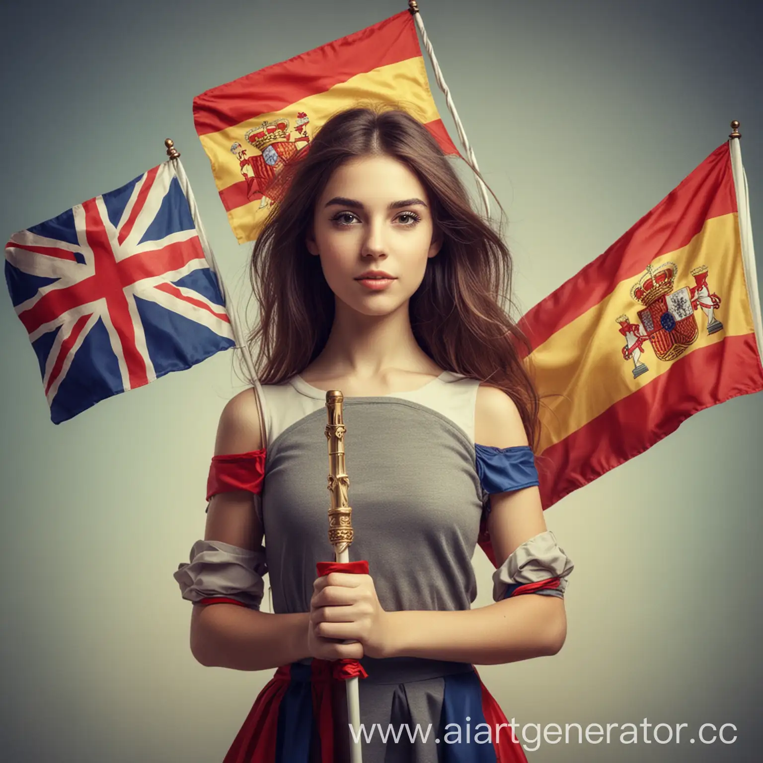 Futuristic-Portrait-of-a-Girl-Holding-British-and-Spanish-Flags