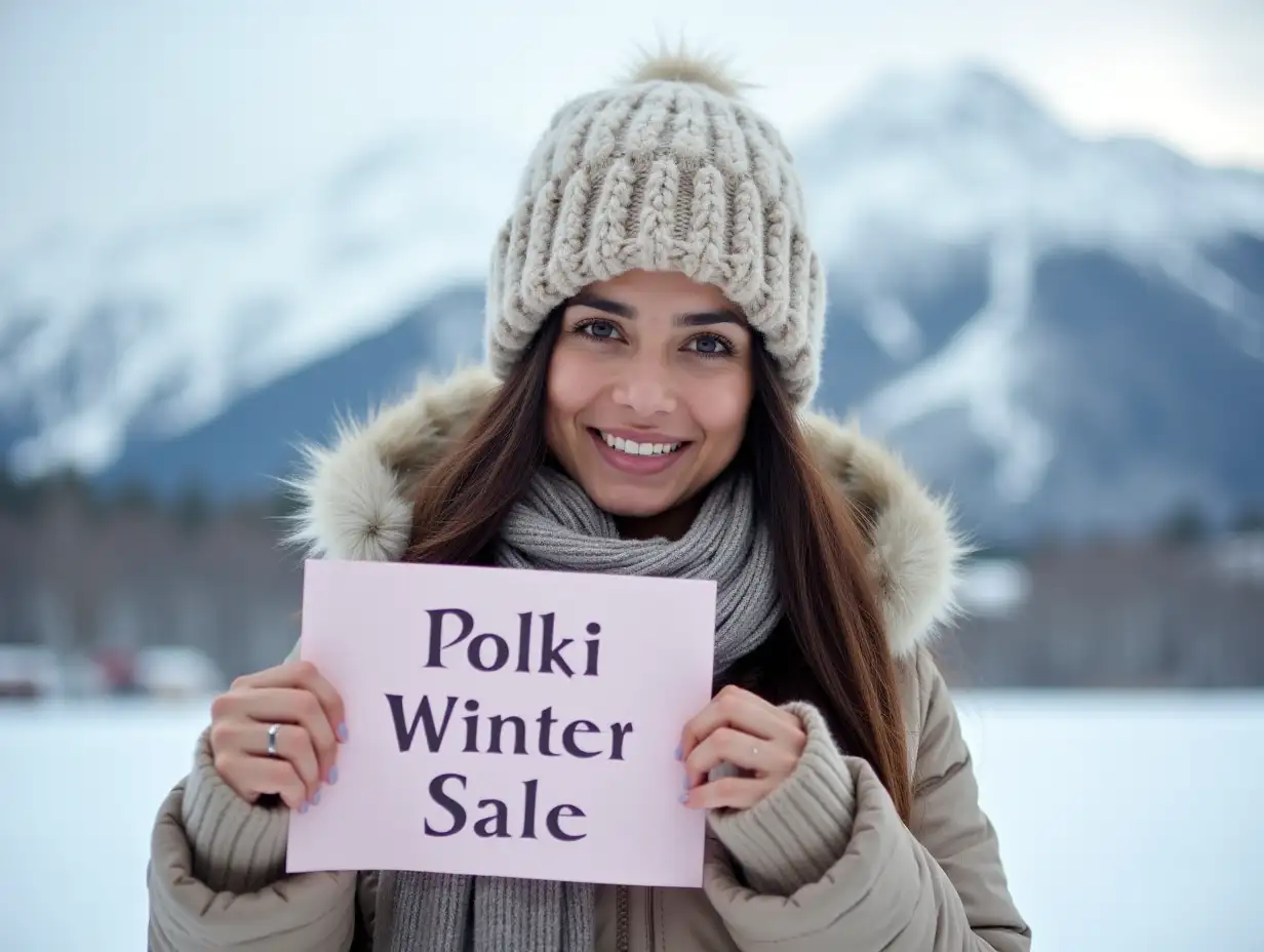 A Pakistani woman, dressed in western winter clothes, holding a sign that says 'Polkii Winter Sale'. She is standing in front of a snowy mountain