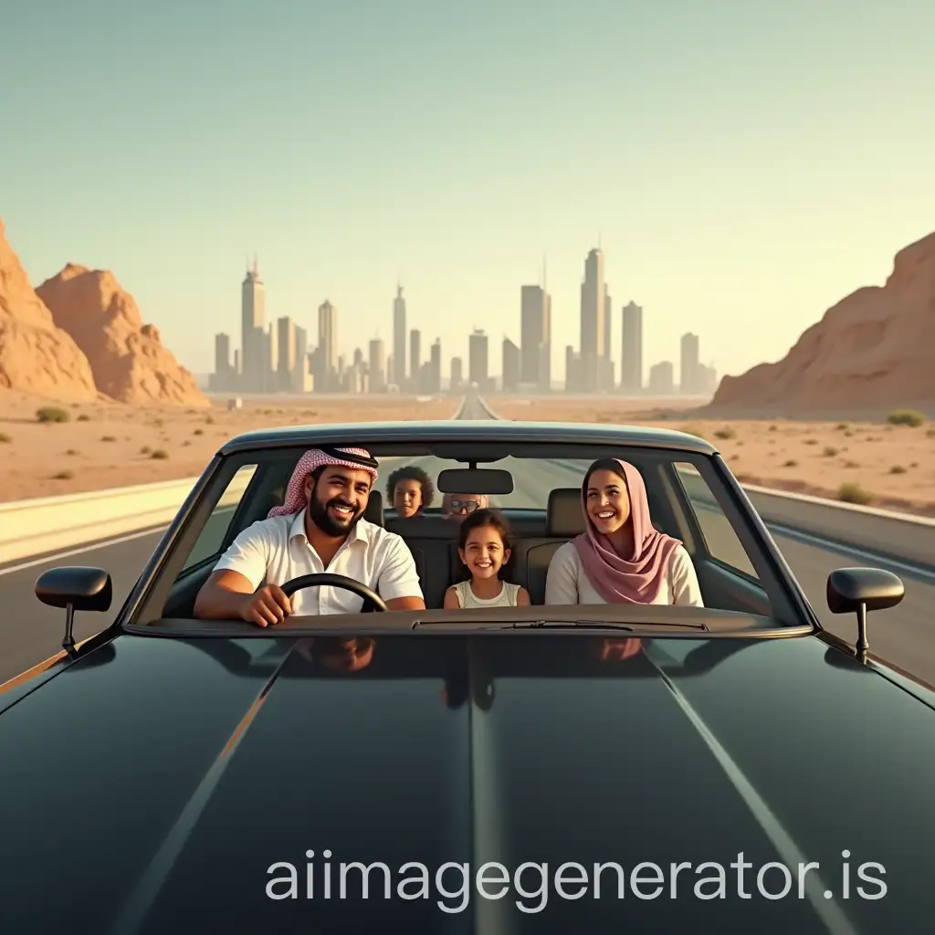 Photorealistic wide-angle shot of a family car on a highway leaving Riyadh, the father driving, his wife in the front seat, and three children in the back excited about their journey to Mecca. Modern Riyadh's skyline and light desert scenery visible in the background, illuminated by soft mid-morning sunlight.