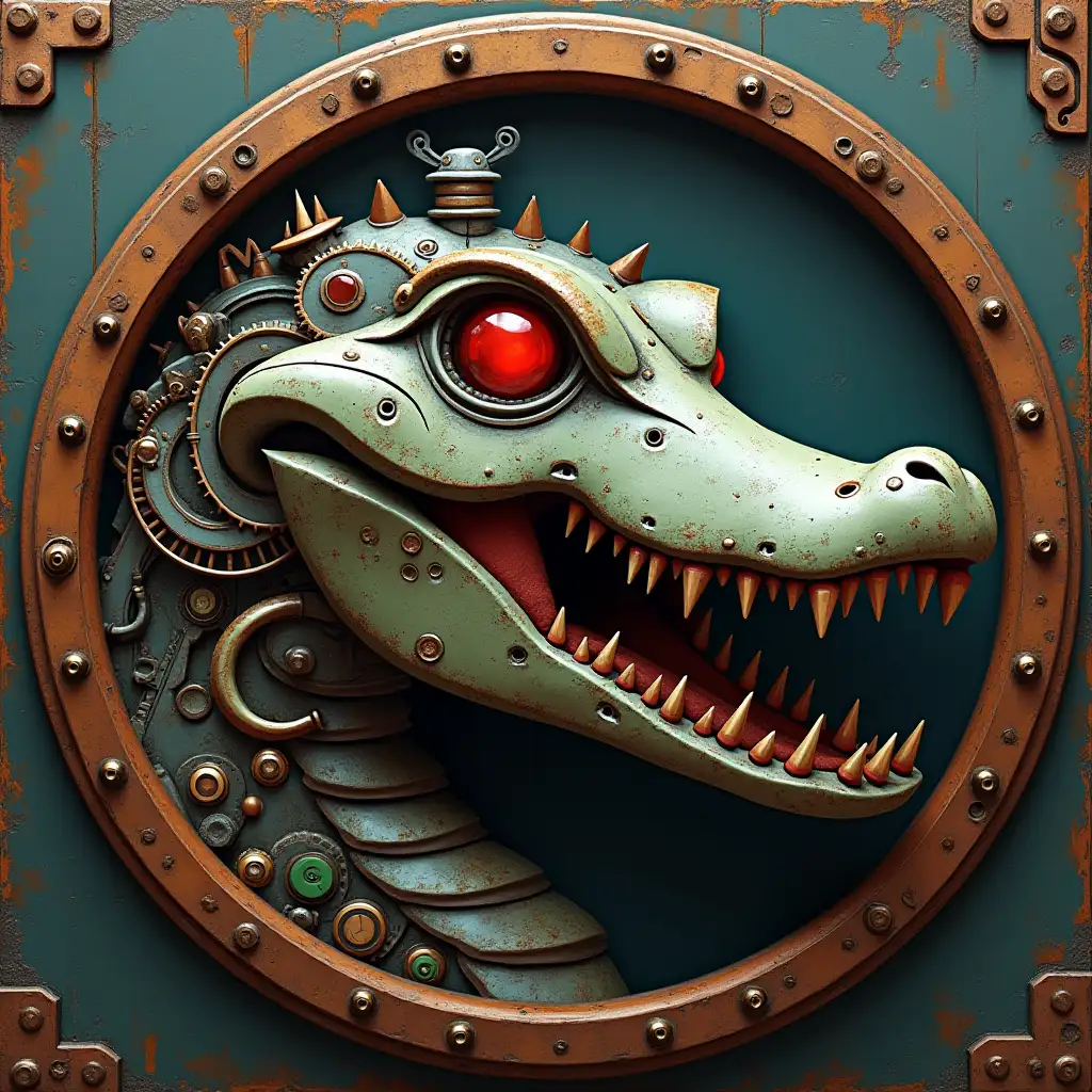 round-icon in frame with mechanical-crocodile-robot head and from mechanical-gears and mechanisms with red eyes and steam