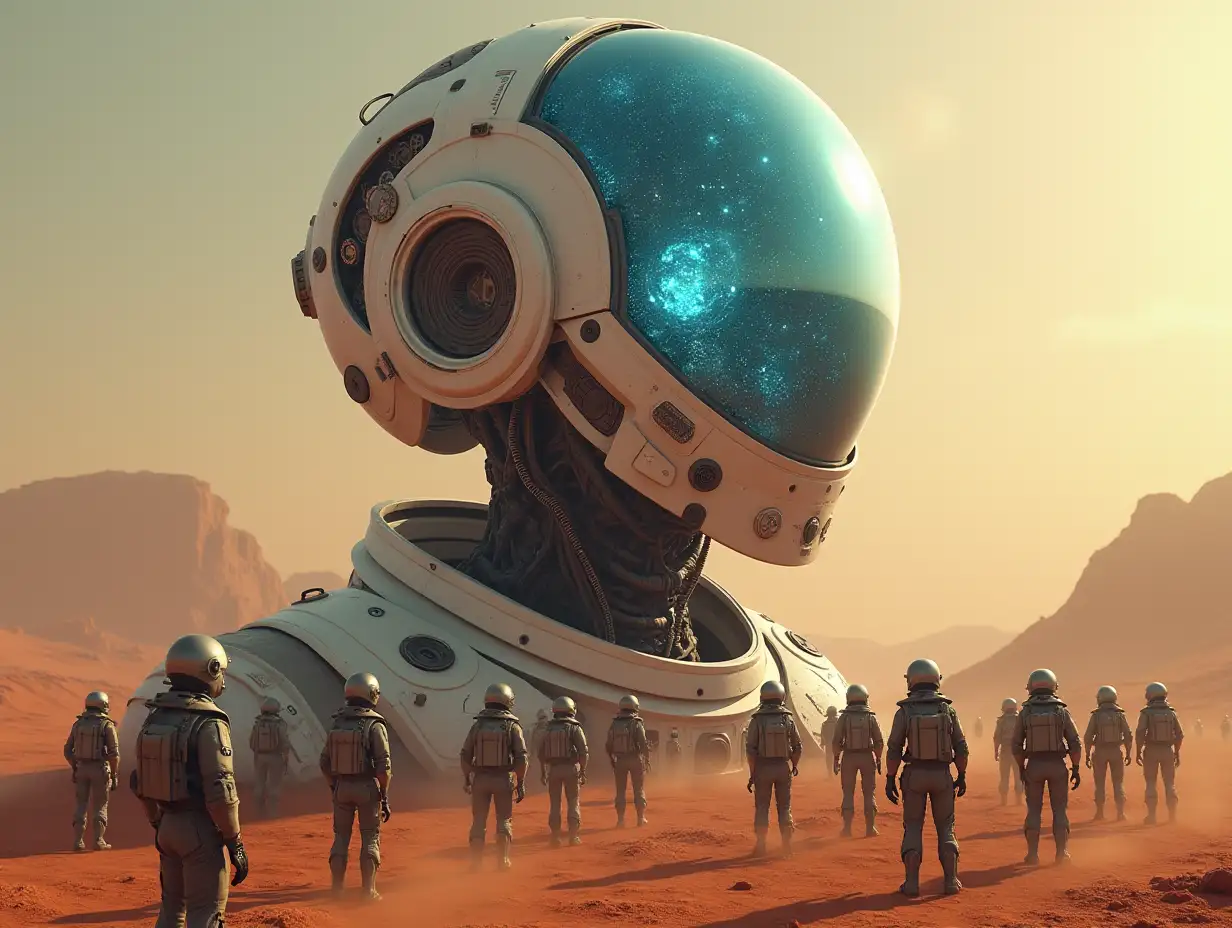 Create a high-resolution, realistic image of the artificial intelligence Robert, 20 meters tall with aliens, gears on cheeks and glass head with visible glowing sapphire brain, screws with many people with helmets and breathing masks on the ground, Mars in 4k resolution