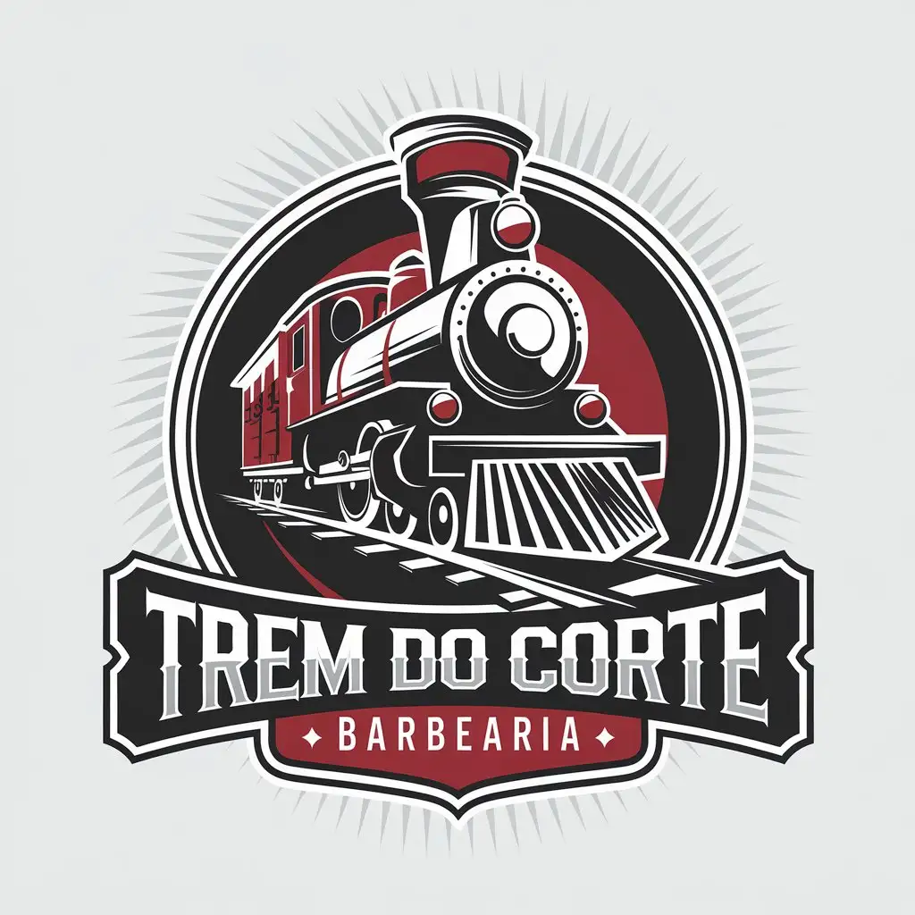 LOGO Design for Trem do Corte Barbearia Train and Razor in Red White and Black