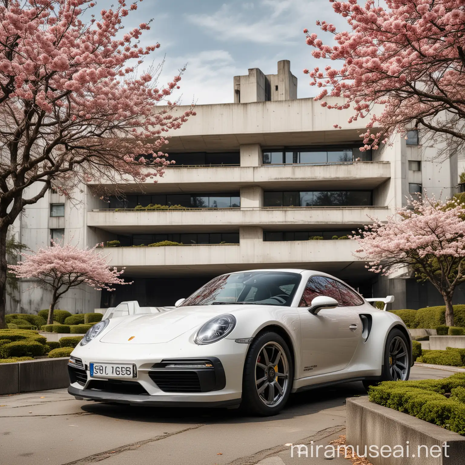 Futuristic Porsche 911 at Bauhaus Style Industrial Building with Japanese Garden