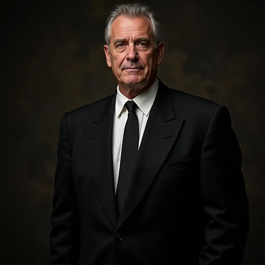 Elegant Elderly Man in Black Suit with Roman Features