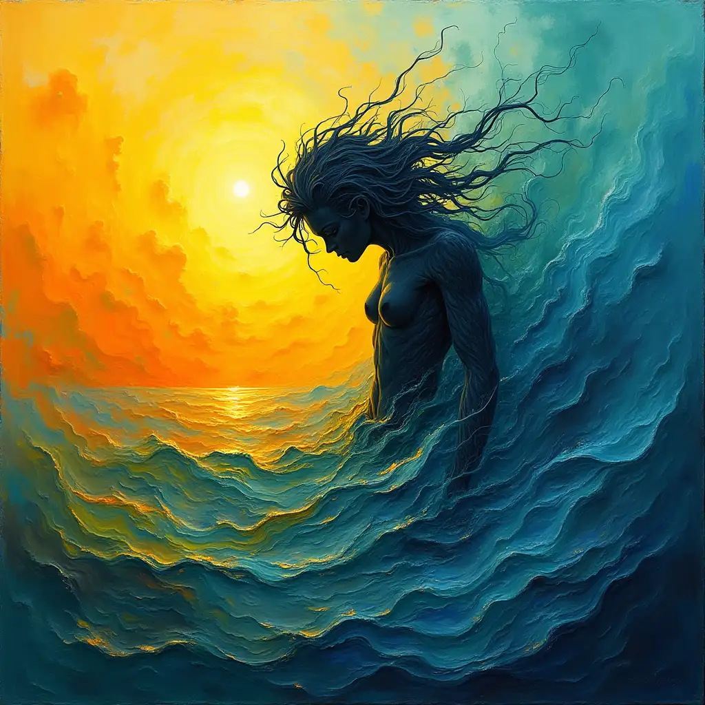 An abstract image symbolizing internal struggle and hidden emotional pain, using a vibrant palette of yellow, blue, green, and orange. The artwork should be seamless and cohesive, with no lines, no square structures, and no vertical elements. It should evoke a sense of quiet strength and concealed turmoil, with swirling, blended forms suggesting both tension and resilience, without depicting any objects, animals, or human figures. The colors should intermingle to represent emotion, particularly the contrast between calm surfaces and stormy undercurrents.
