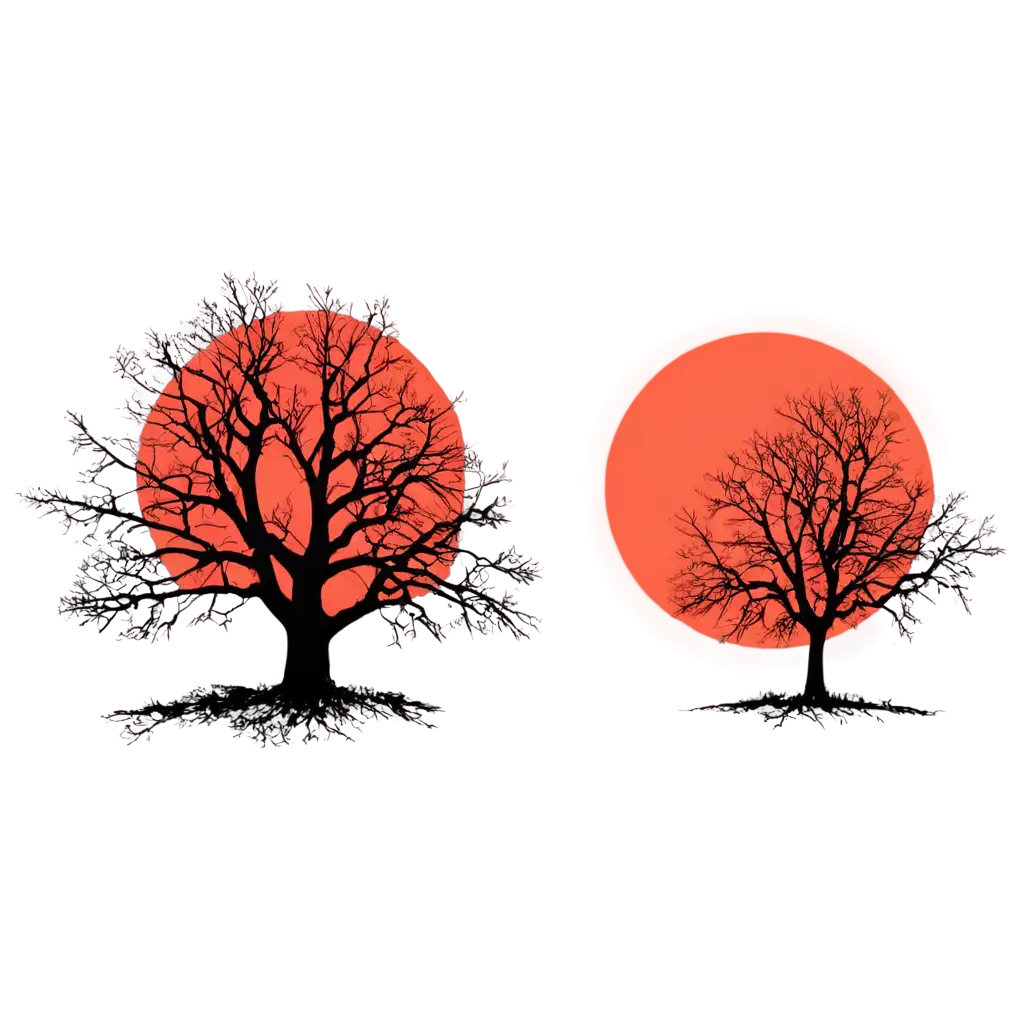 Red-Vintage-Sun-Behind-Two-Black-Long-Trees-PNG-Image-HighQuality-Versatile-Artwork