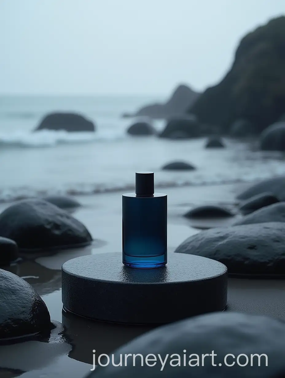 Mens-Perfume-Advertisement-on-Dark-Matte-Podium-by-the-Sea