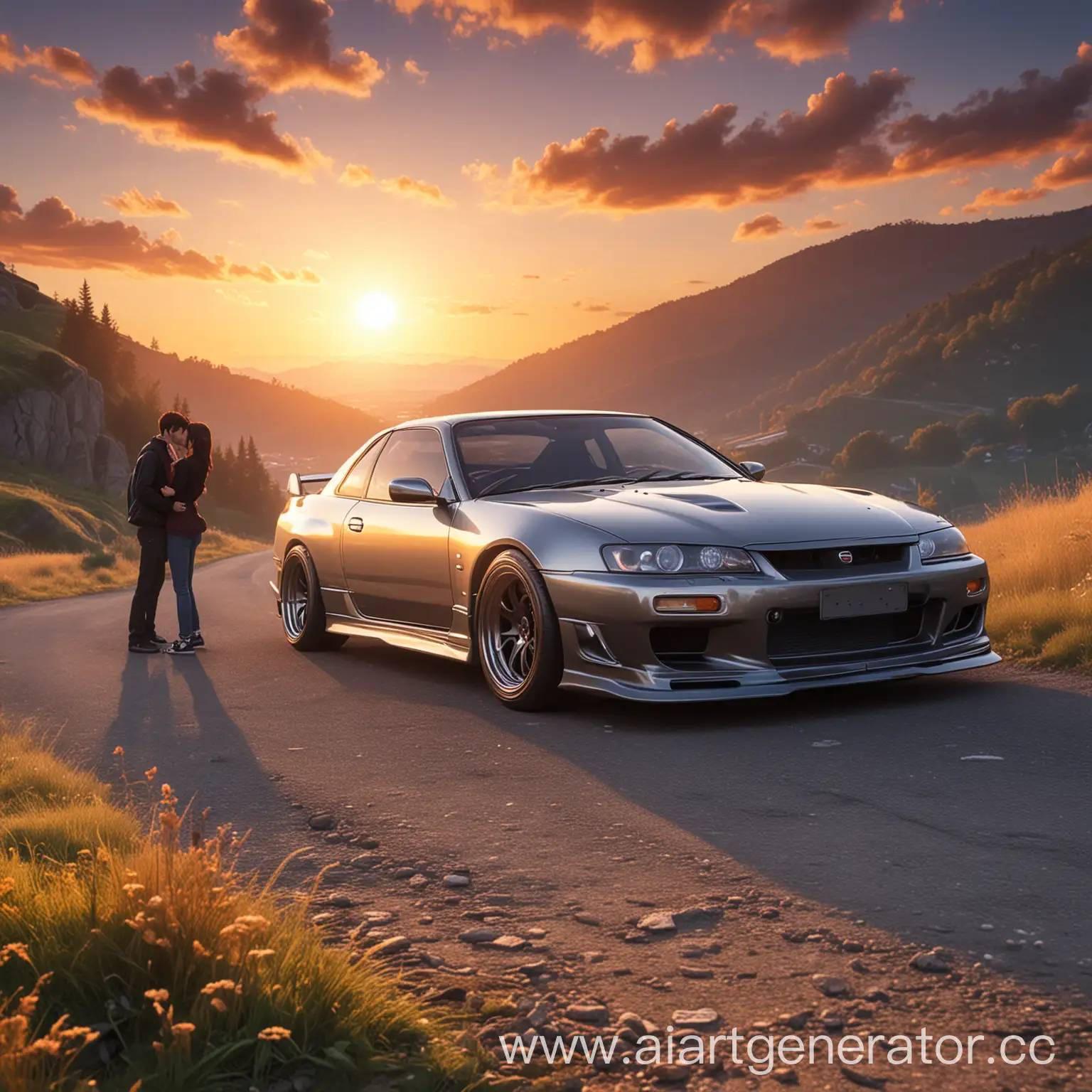 Anime-Style-Illustration-of-Nissan-Silvia-S15-and-Loving-Couple-at-Sunrise