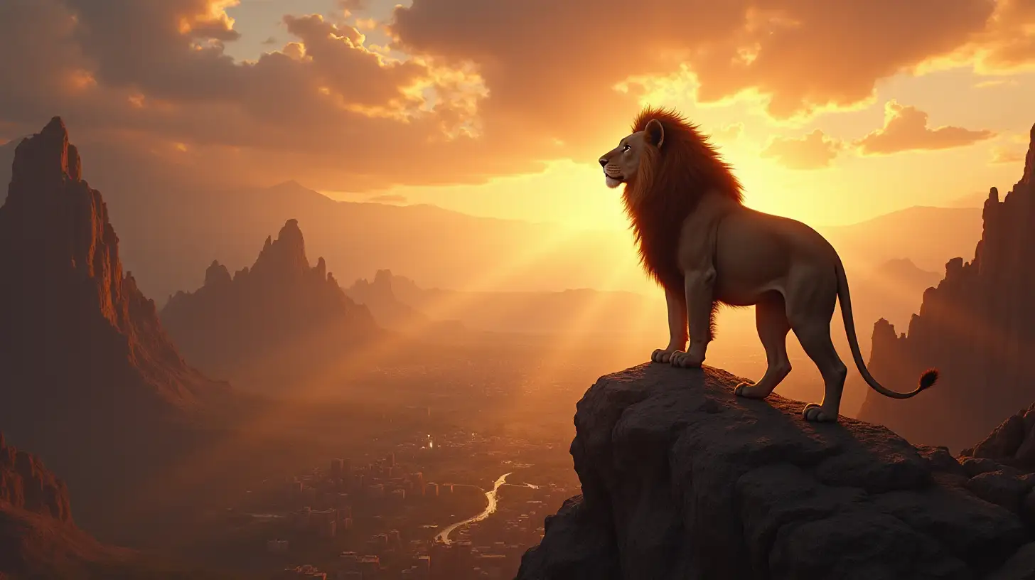 Majestic Young Lion Overlooking Biblical Cityscape at Dusk