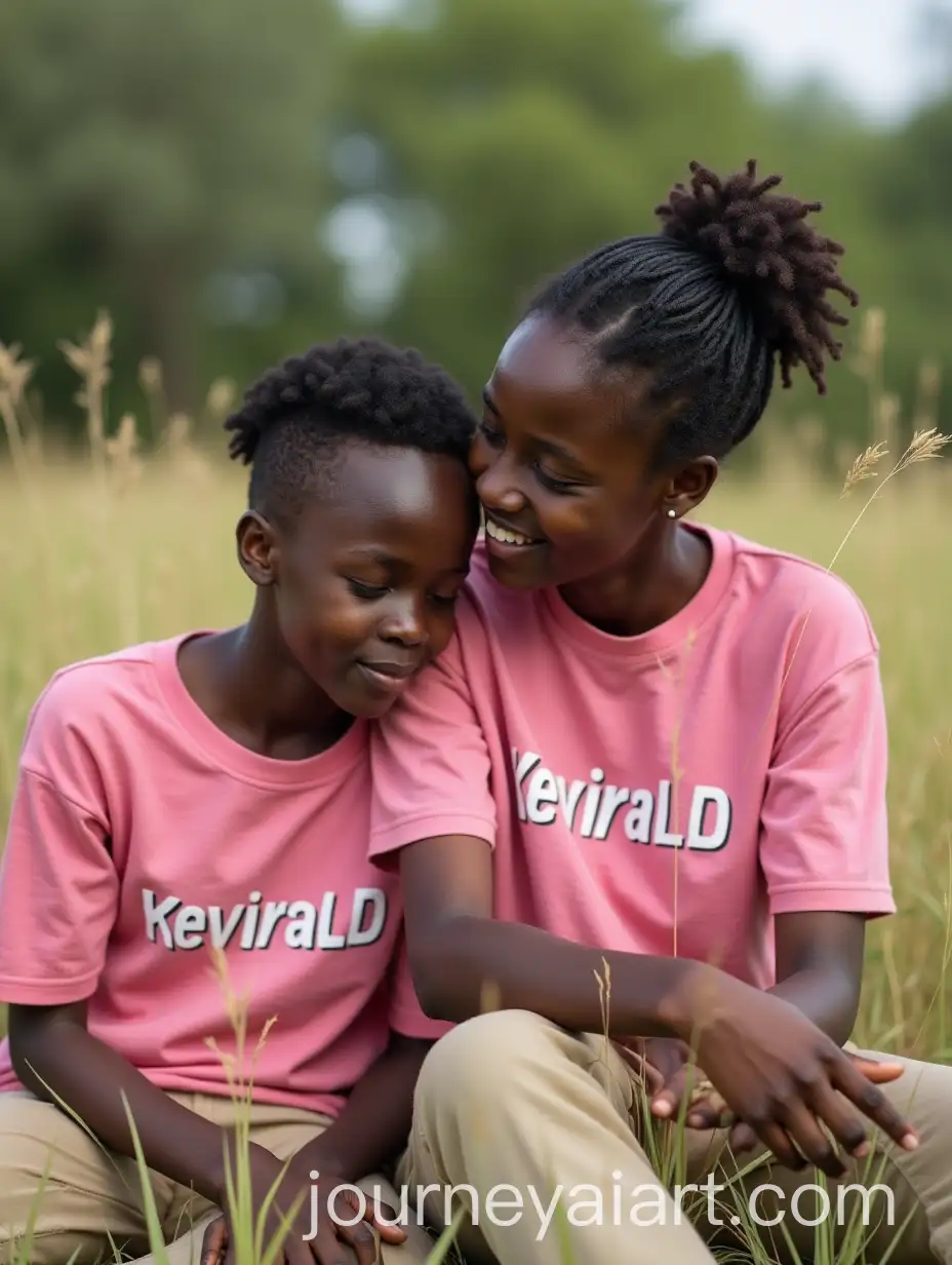 Young-African-Couple-Sitting-on-Grass-with-Pink-TShirts-in-Nature