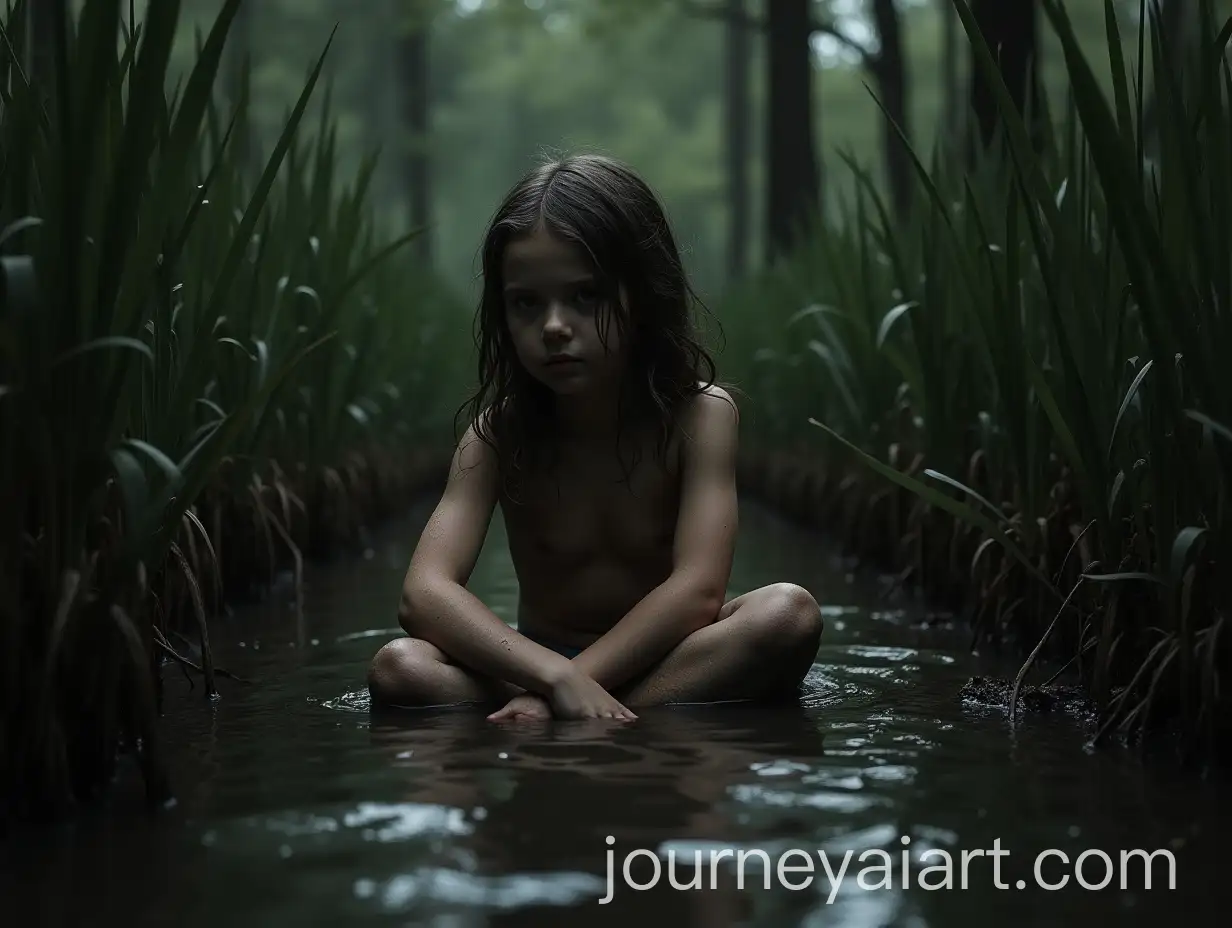 Girl-Sitting-in-a-Swamp-Surrounded-by-Reeds-and-Dark-Forest