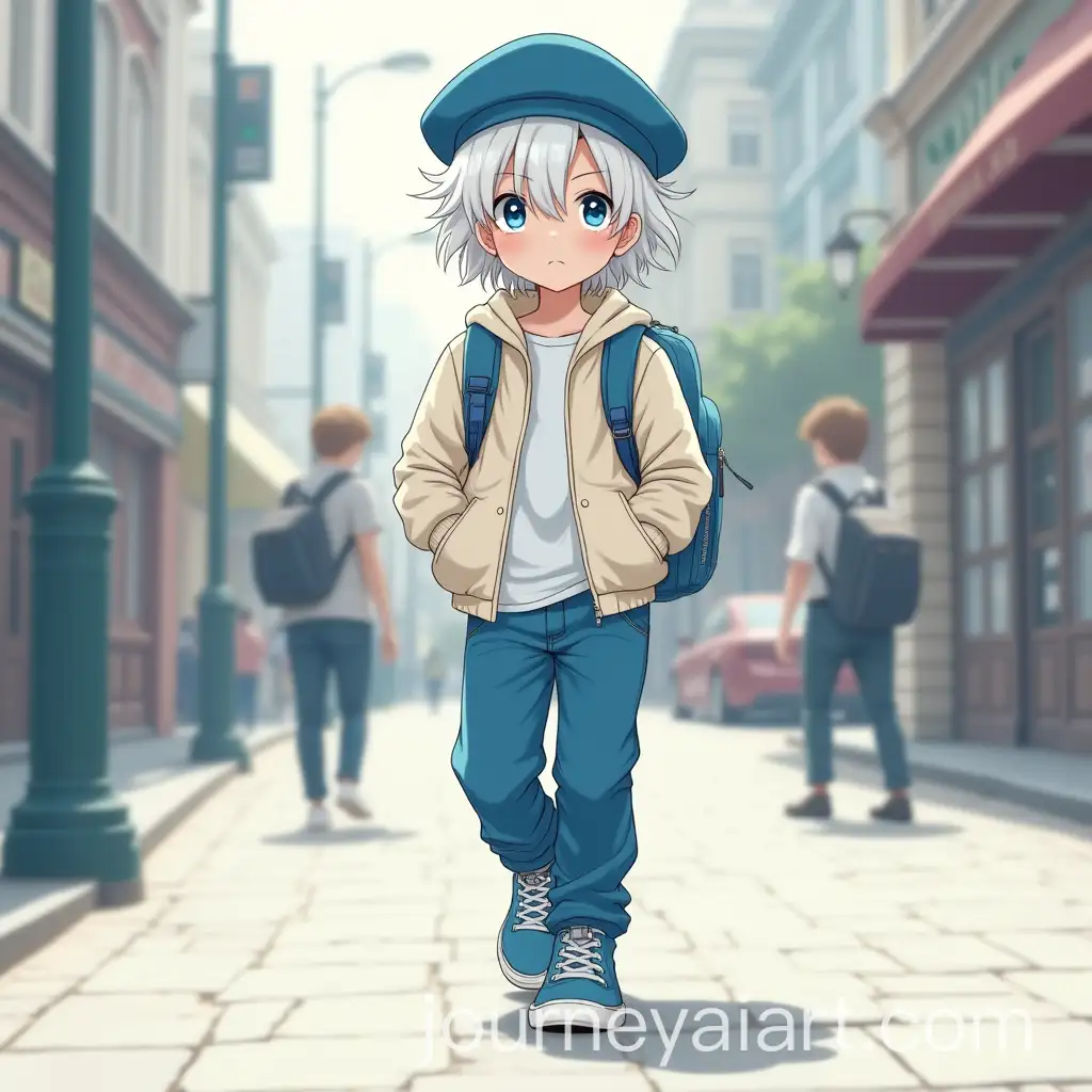 Stylish-Teenager-with-Long-White-Hair-and-Blue-Beret-Walking-in-Urban-Setting