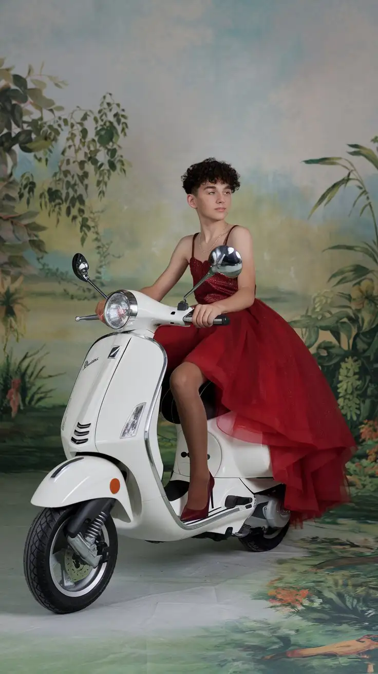 little young boy wear red prom dress and wine red pointed toe high heels and brown sheer tights and driving a white vespa