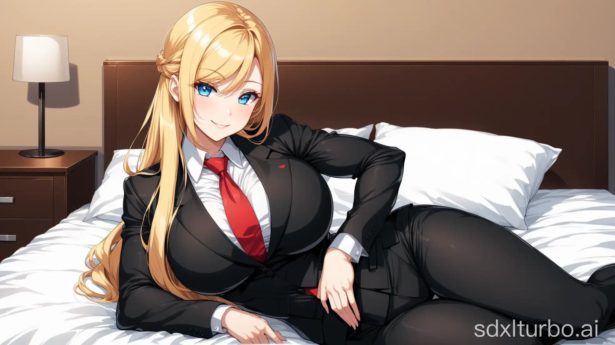 Elegant-Anime-Woman-in-Formal-Attire-Relaxing-on-a-Bed