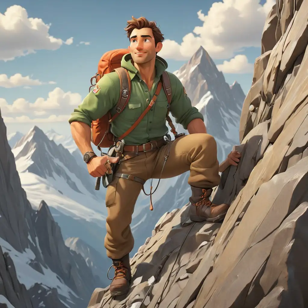 Cartoon-Handsome-Sexy-Man-Alpinist-Climbing-Mountain