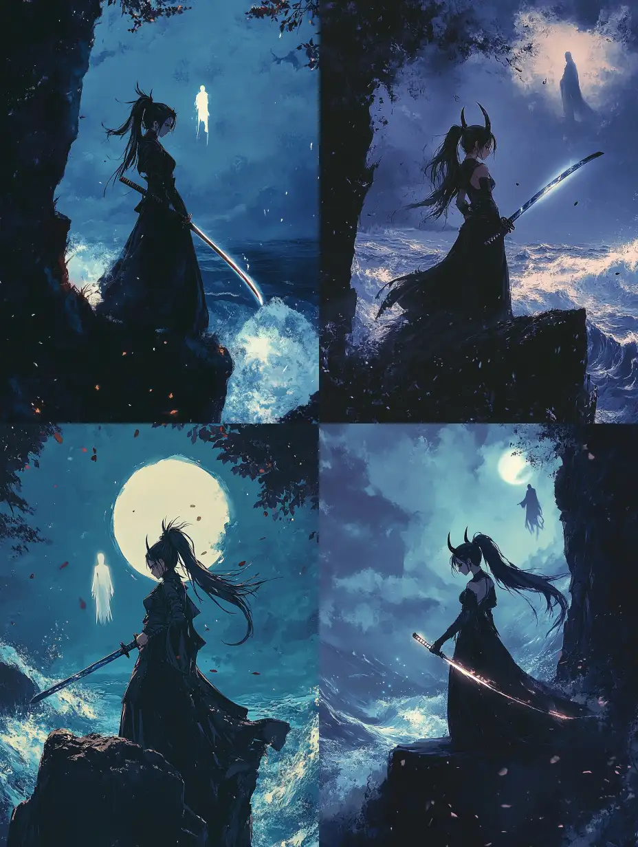 Female-Samurai-on-Cliff-Overlooking-Ocean-in-Dark-Anime-Style