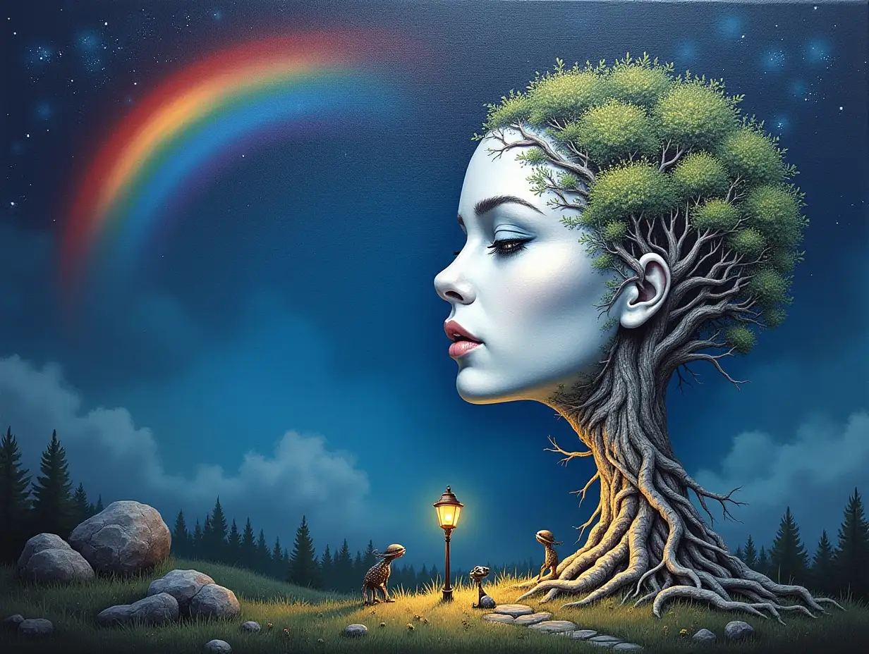 Creating a painting of a face with hair transforming into a building with silver stone and Illuminated trees with roots and rocks and lantern and alien creatures on a meadow Rainbow blue sky