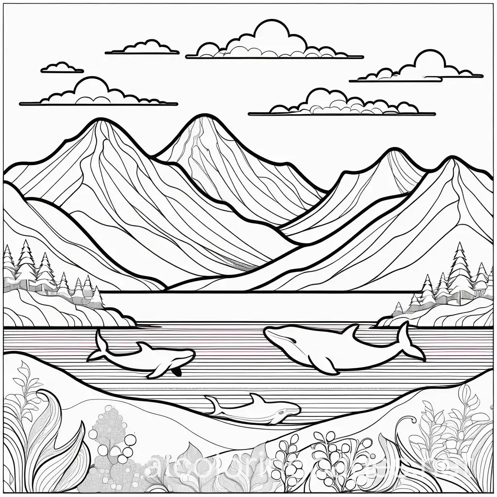 montains with  whales, Coloring Page, black and white, line art, white background, Simplicity, Ample White Space. The background of the coloring page is plain white to make it easy for young children to color within the lines. The outlines of all the subjects are easy to distinguish, making it simple for kids to color without too much difficulty