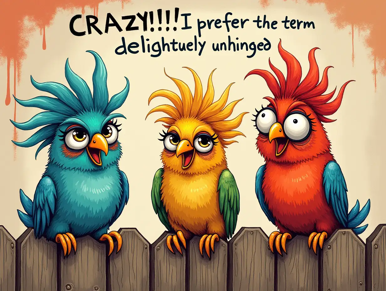 hand drawn art. Three colorful birds with exaggerated features and wild hair, perched on a wooden fence. The birds have wide eyes and mischievous expressions, and their feathers are a mix of bright colors. The background is a textured wall with a splash of paint and a handwritten quote that reads 'CRAZY?!? I prefer the term delightfully unhinged' The overall style is playful and cartoonish, with a focus on the humor and absurdity of the scene.