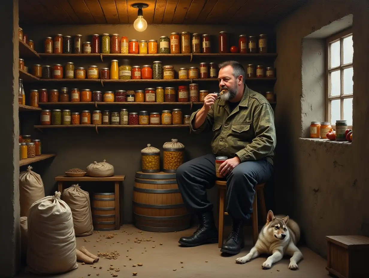 Background - cozy basement of a house. There is a bare light bulb hanging from the ceiling. On the shelves there are many cans of preserves (stew, vegetables and fruits) with faint labels, on the floor there are several bags of lentils and flour, in the corner stands a pair of wooden barrels. A contented bearded man is sitting on a stool, dressed in camouflage, black pants and boots, with a laika lying next to him. The man is eating from a spoon out of a tin can of stew. Oil painting.