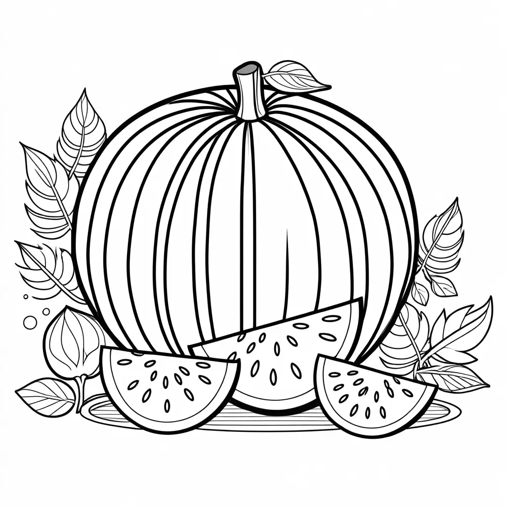 a round juicy watermelon with a piece beside it and leaves scattered around it  in black and white lines, Coloring Page, black and white, line art, white background, Simplicity, Ample White Space. The background of the coloring page is plain white to make it easy for young children to color within the lines. The outlines of all the subjects are easy to distinguish, making it simple for kids to color without too much difficulty