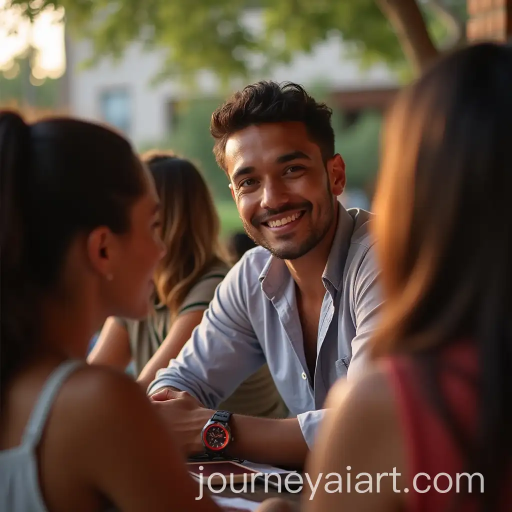 Handsome-Mexican-Man-Engaged-in-Conversation-with-Beautiful-Women