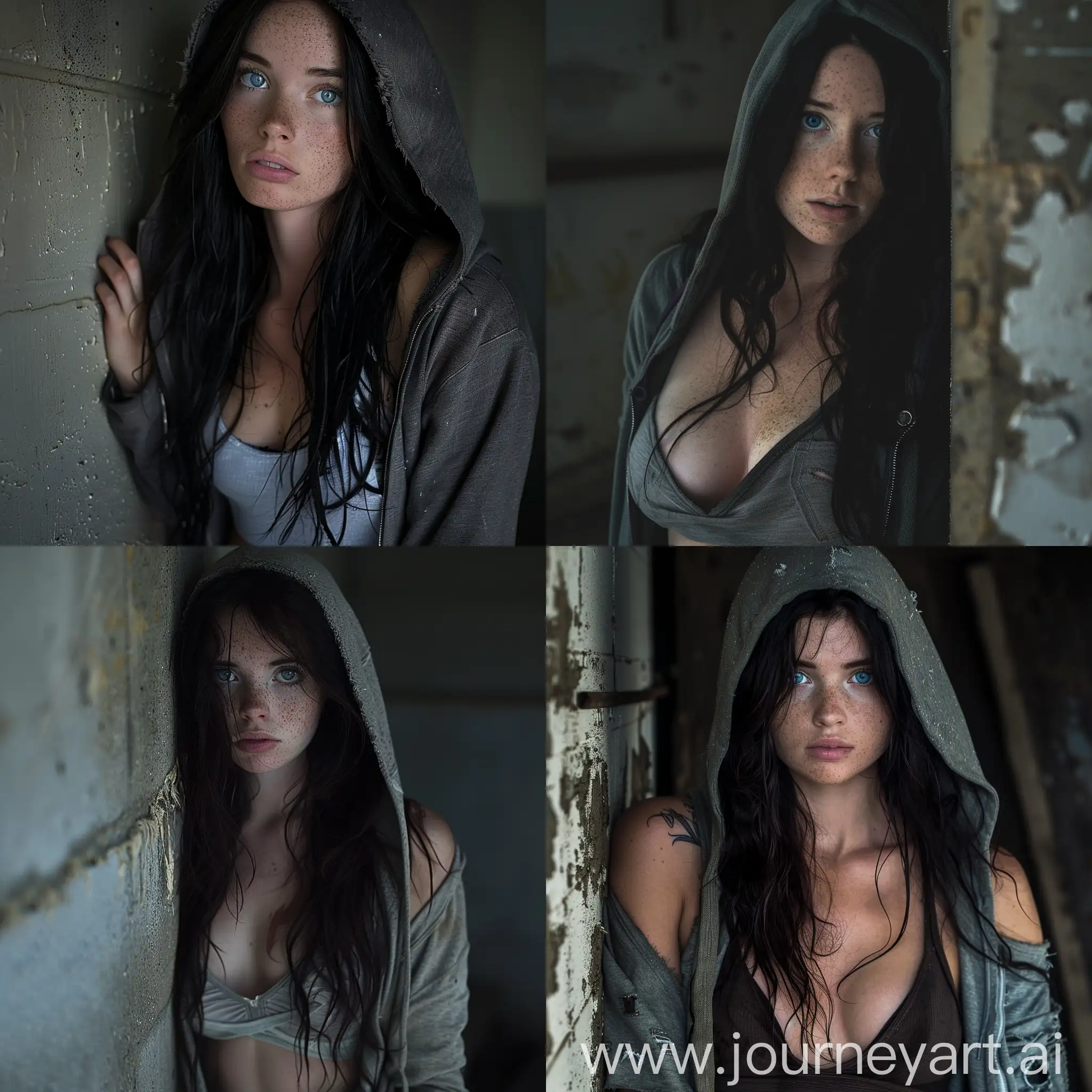 Young-Woman-in-Basement-with-Dark-Hoodie-and-Tank-Top