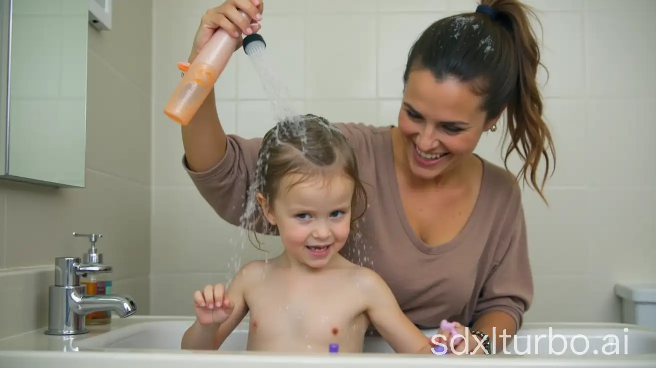 Mother-and-Daughter-Playfully-Washing-Hair-Rainfall-room-with-Shampoo-Bottle