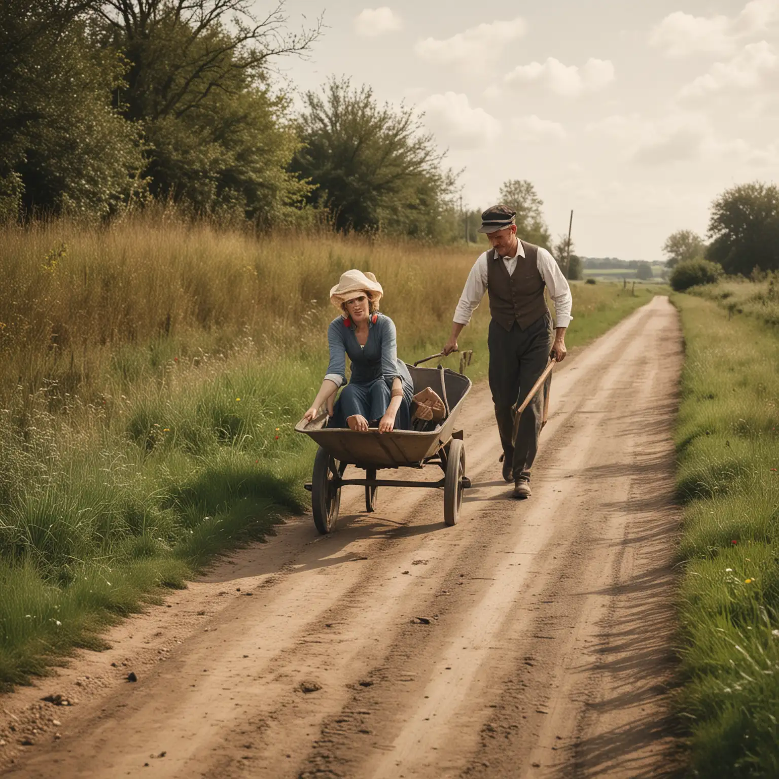 Vintage Man Pushing Woman in Wheelbarrow Along Country Road