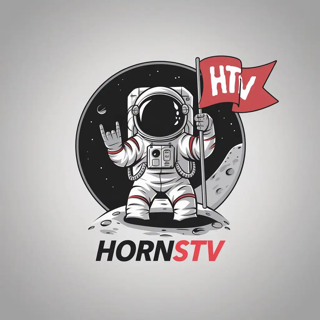 LOGO Design for HTV Red Flag with Astronaut in Rock On Gesture and Moon Background