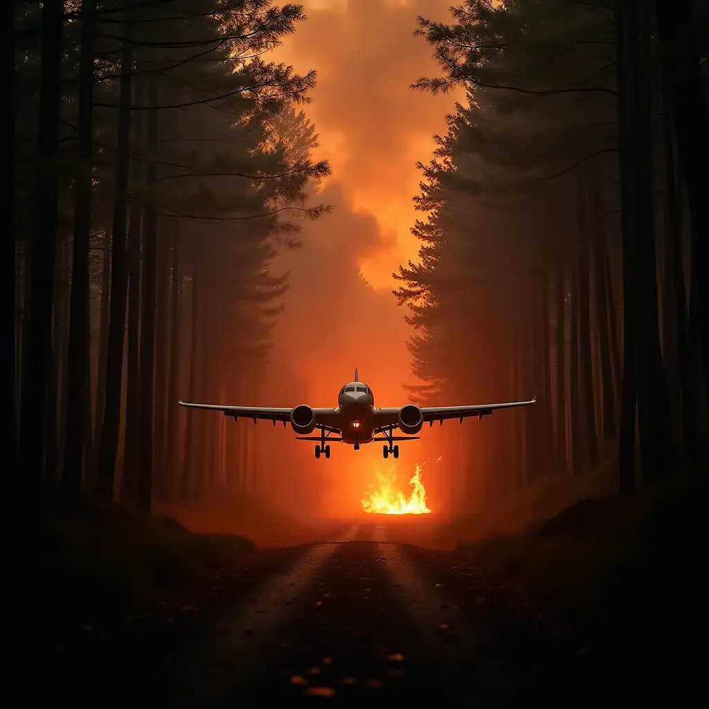 Image of a plane in a forest that is on fire