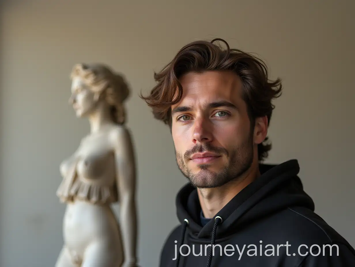 Man-with-Brown-Hair-Standing-in-Front-of-Statue-of-Woman-Wearing-Clothes