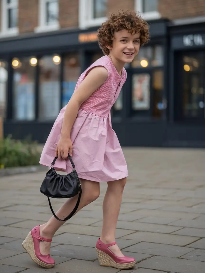little young teen boy wearing pink summer dress and pink kork wedge pumps and staying in town and black small leather shoulder bag and smiling and curly hair and shaved legs