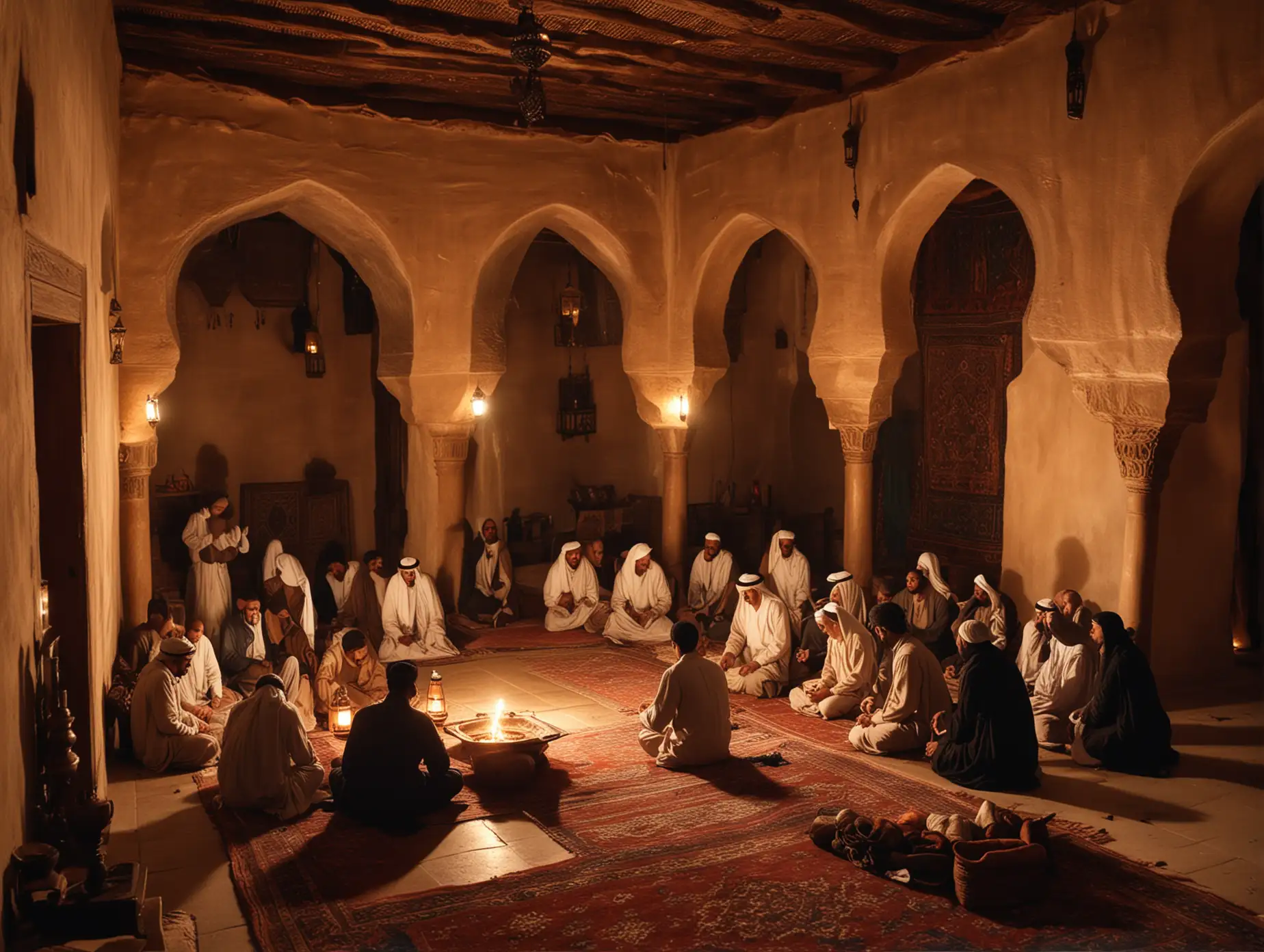 Arab, 700 AD, The interior of old arabic house during the evening, filled with warm, soft lantern light. Faithful worshippers are gathered for the Maghrib prayer, some standing, some kneeling. The ambiance is calm and spiritual.