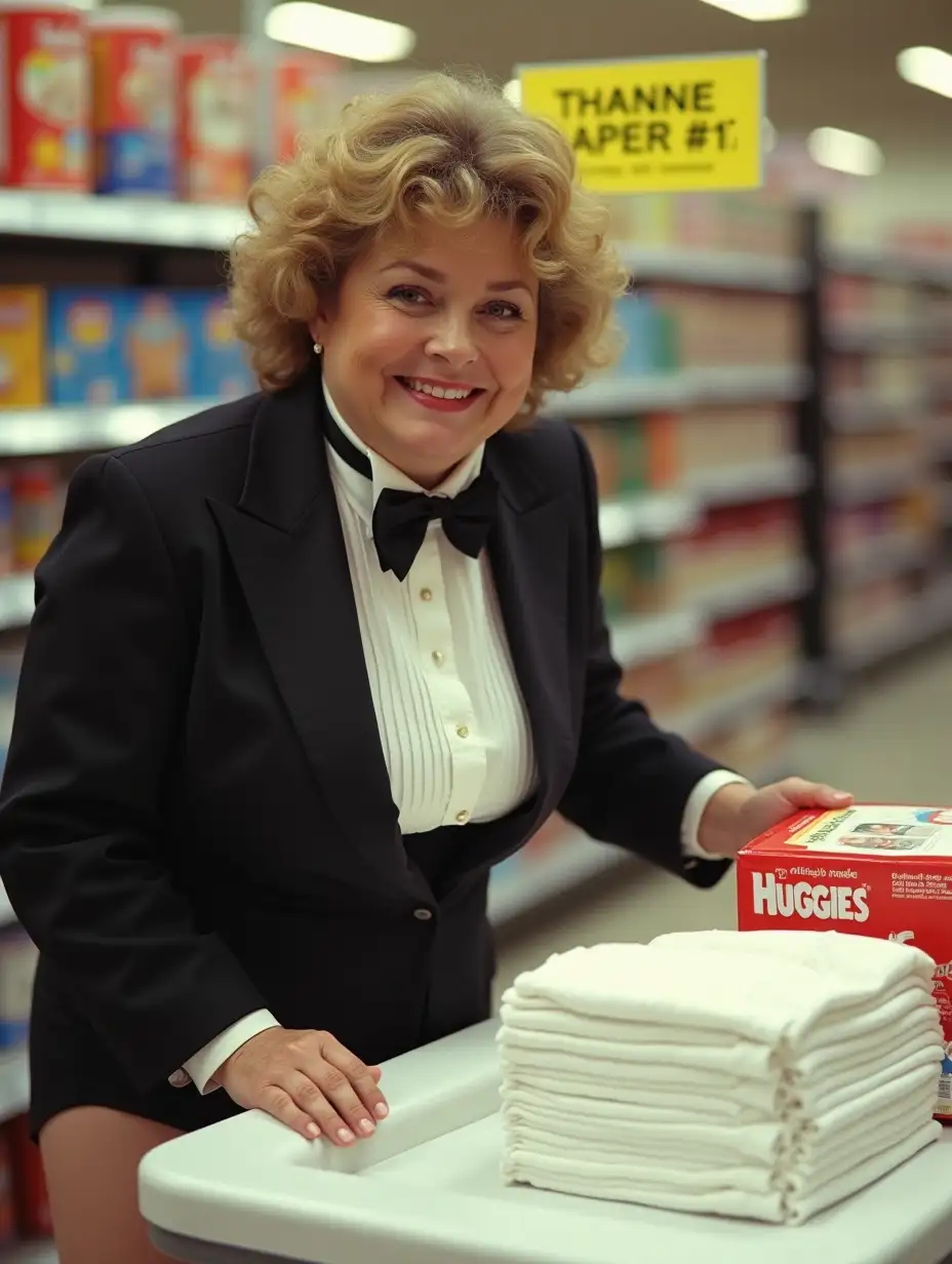 Woman-in-Formal-Tuxedo-Demonstrating-Diapers-at-Supermarket-with-Huggies-Display