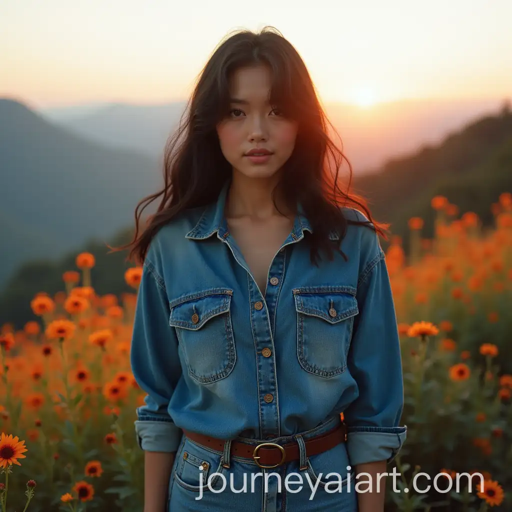 Elegant-Woman-in-Denim-Surrounded-by-Vibrant-Nature
