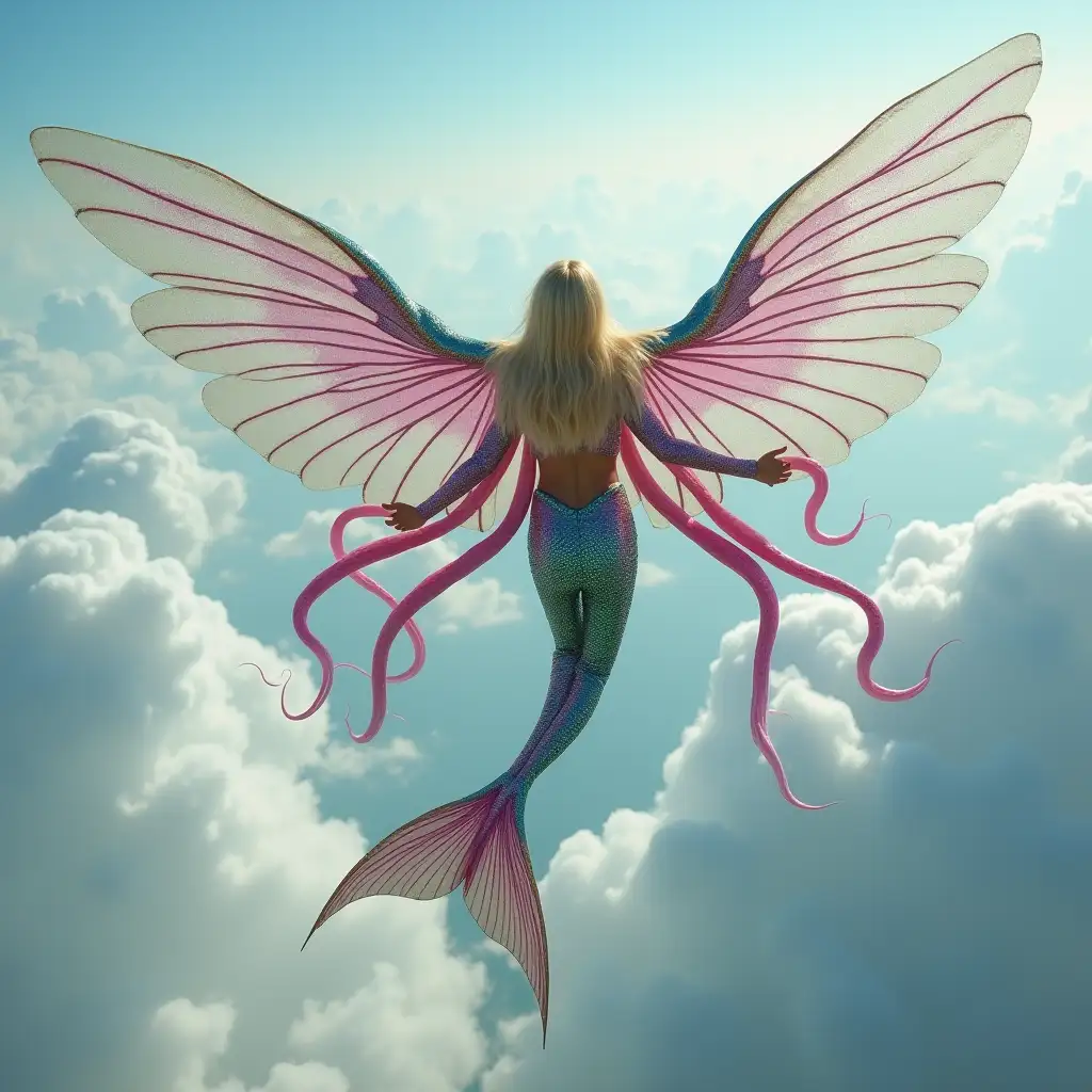 A photo of a blonde-haired mermaid with gigantic, long, shiny, webbed, membranous pink and blue wings flying in the sky between the clouds. She has many very long octopus tentacles growing from the waist. The mermaid has a long pink and green scaly fish tail. She is flapping her wings. The background is filled with clouds.