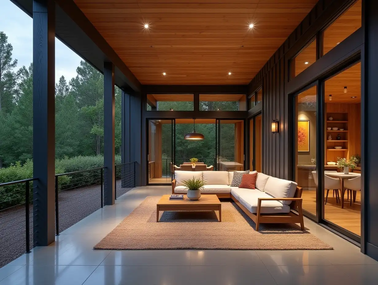 a modern country house, a veranda with furniture, spot lighting ceiling lights, in the background trees