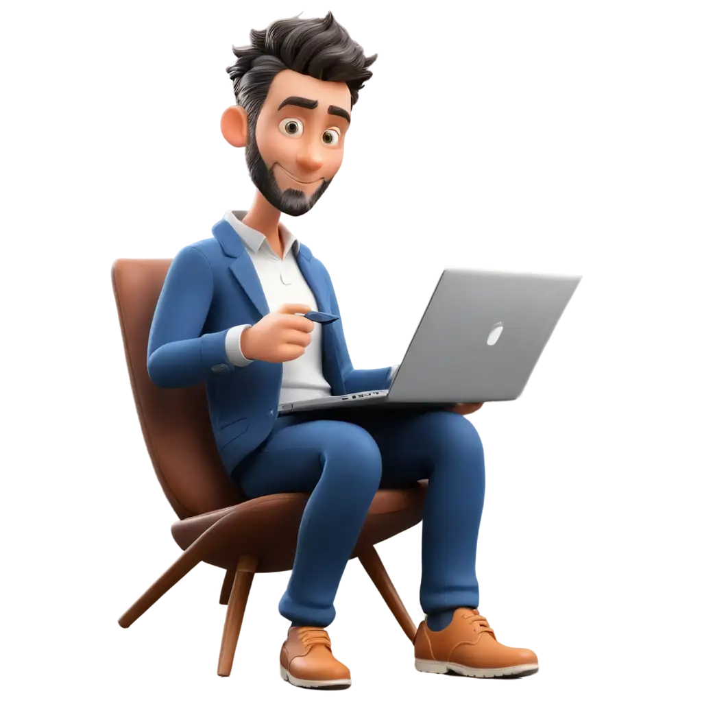 Man-Cartoon-Character-Sitting-on-Sofa-Working-on-Laptop-PNG-Image