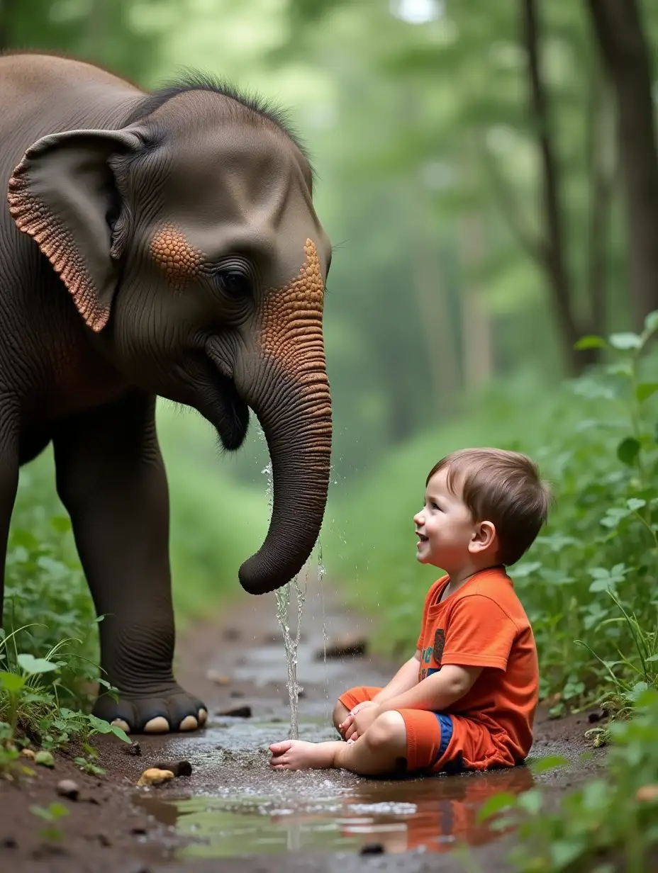 A playful young elephant gently spraying water from its trunk over a smiling 1-year-old boy sitting on the ground in a lush green jungle.