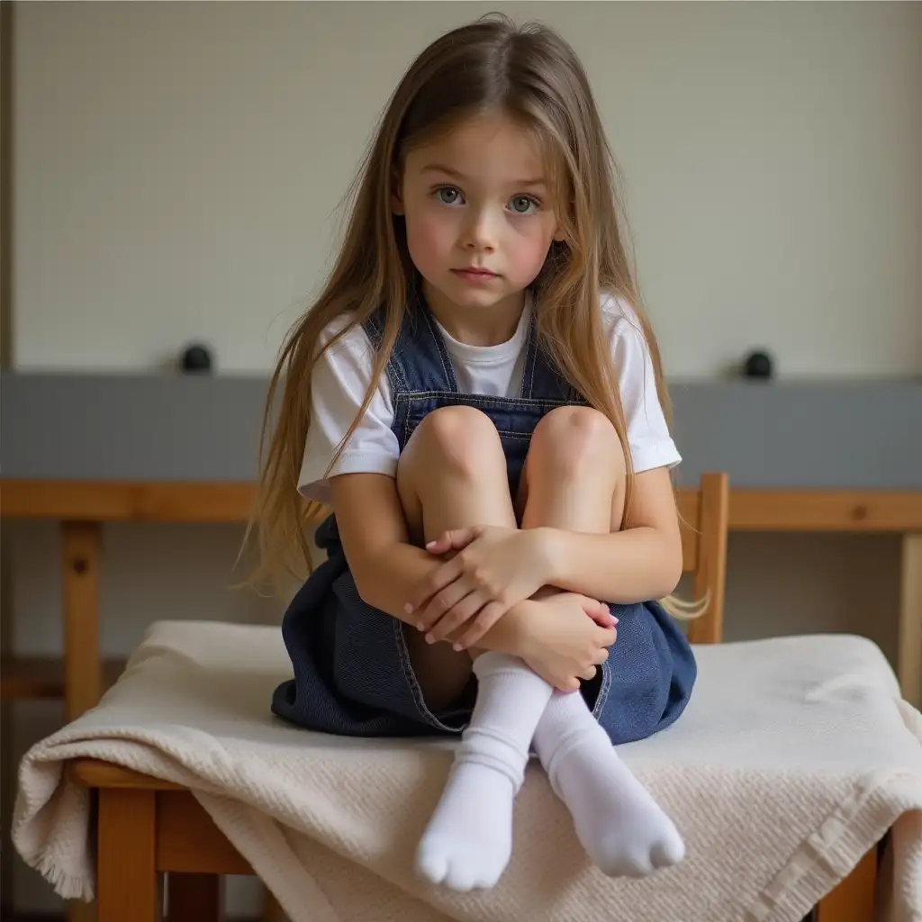 Girl aged 8 years, long hair down to her back, dressed in school uniform denim mini skirt blue dark, pink thong, white knee-highs and white blouse. She sitting hugging her legs on table, she is trying to be very sweet 