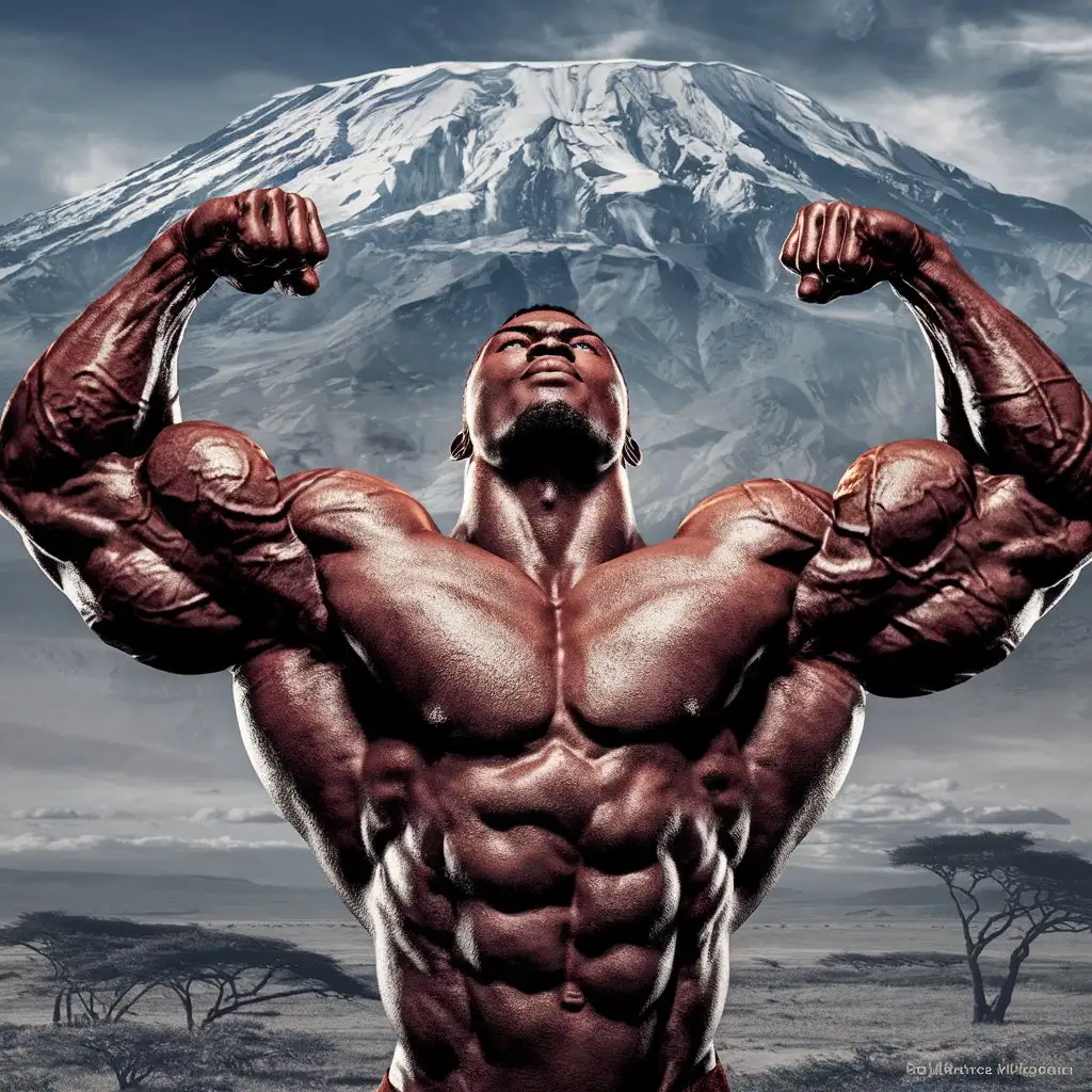 Powerfully muscled, hugely ripped, pumped, Tanzanian bodybuilder musclegod reverently receives the powers of Kilimanjaro, becomes a mighty superhero. 24 years old. Photorealistic.