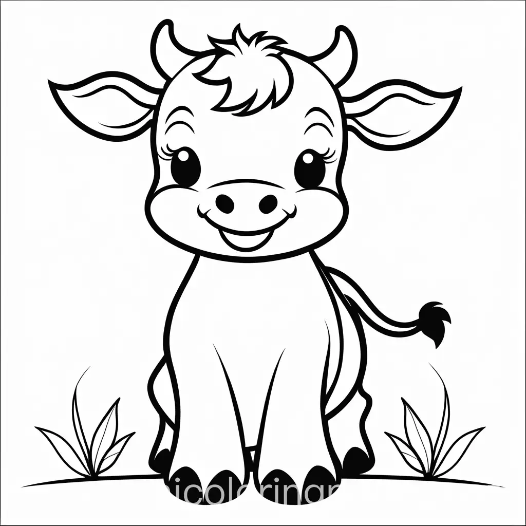 happy cute cow smiling coloring page for toddlers, Coloring Page, black and white, line art, white background, Simplicity, Ample White Space. The background of the coloring page is plain white to make it easy for young children to color within the lines. The outlines of all the subjects are easy to distinguish, making it simple for kids to color without too much difficulty