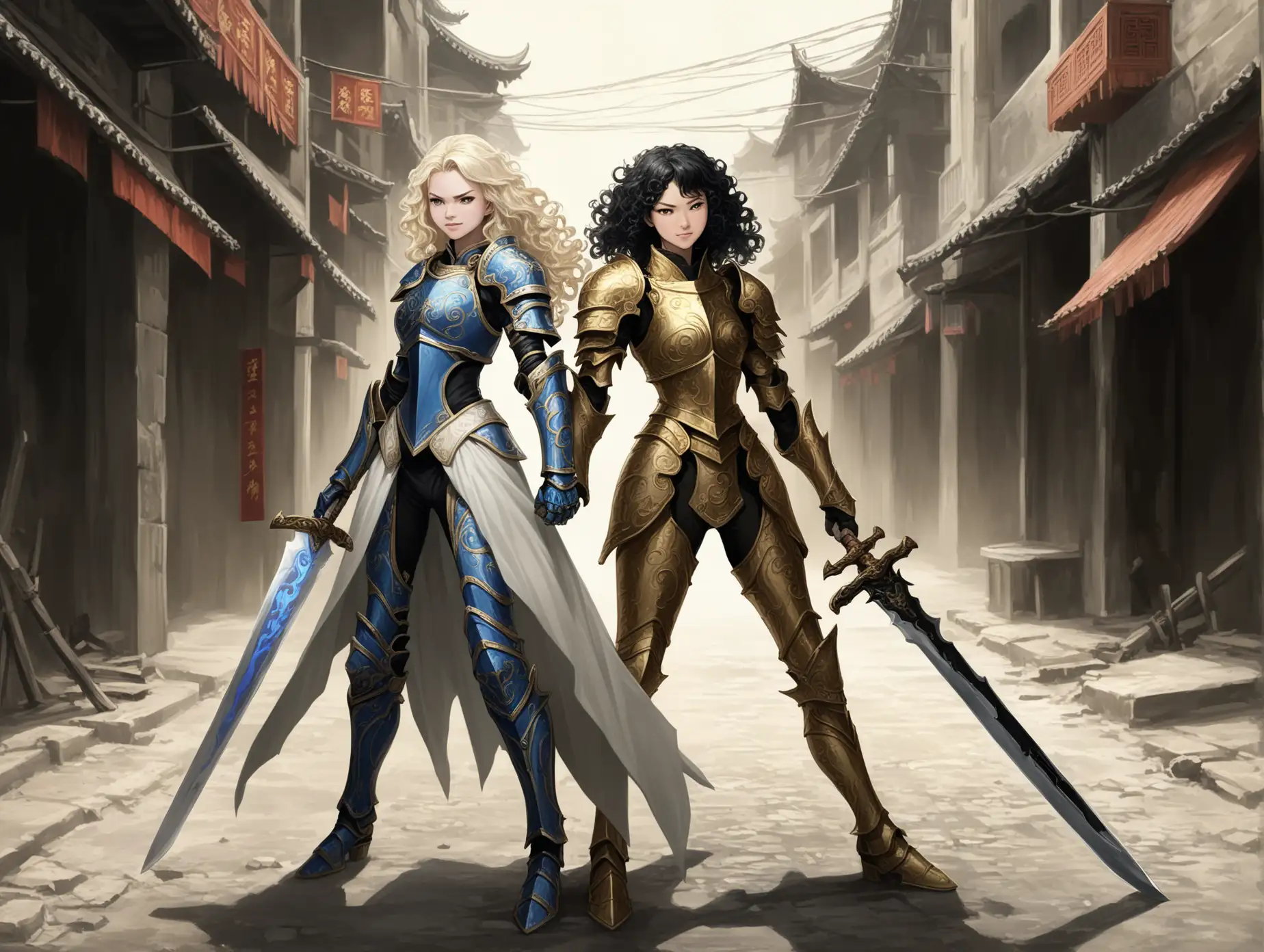 Two women in this picture, 25 year old attractive women, curly black hair, ethnicity Han Chinese, smirking, she is wearing a blue and black armor, full body shot, carrying a huge sword, she is on the left side facing right, on the right side there is another woman, 25 year old women, curly white blonde hair, snarling, looking left at other women, she is wearing white and gold armor, carrying two curved knives one in each hand, the background is a deserted Street