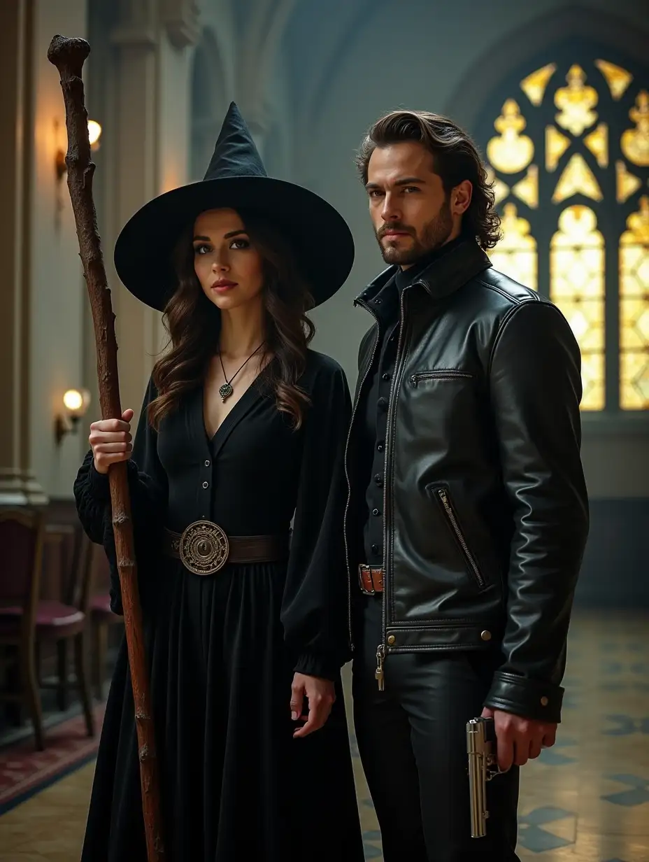 A young woman in a witch's costume with a large staff, one man in a leather jacket and a revolver in one hand, set against a gothic hall and large stained glass windows