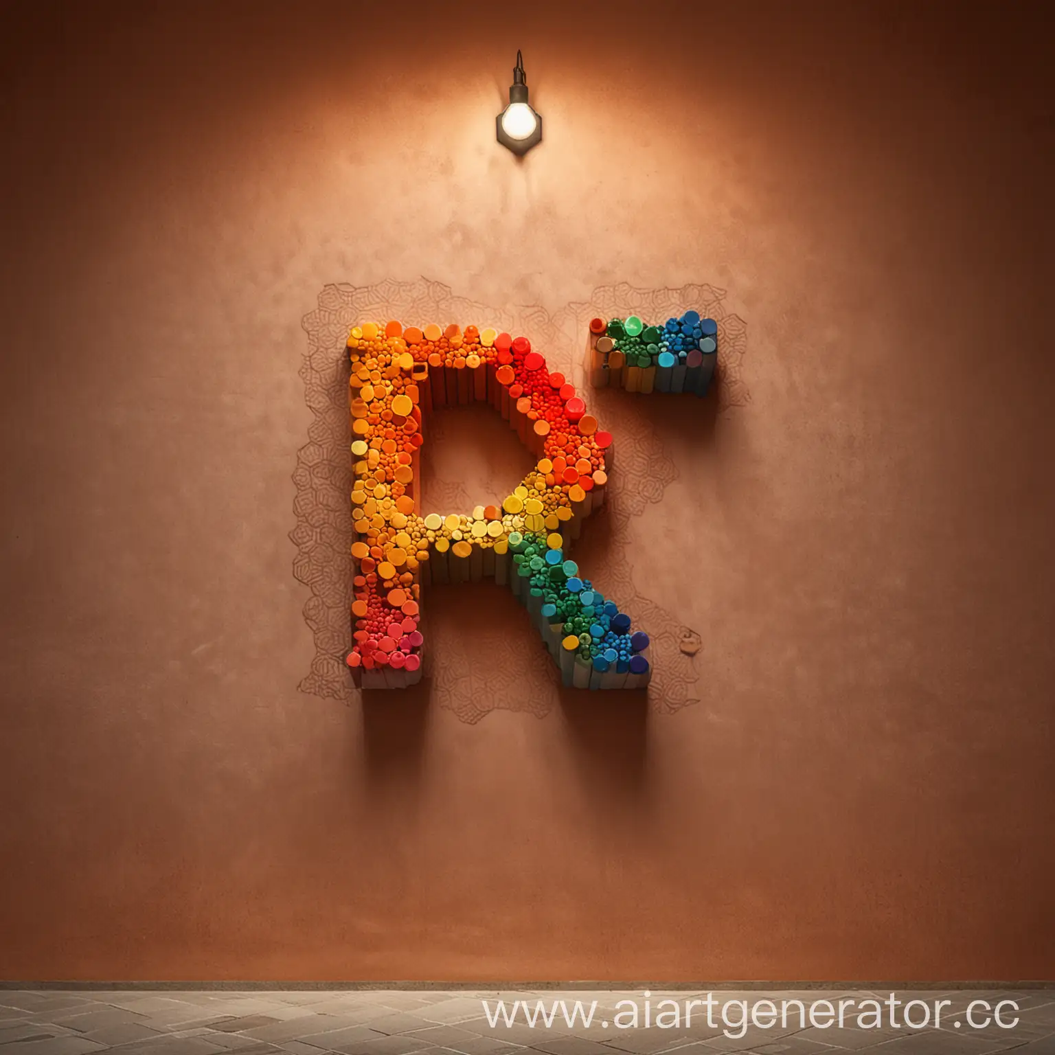 Colorful-Hexagonal-Letter-R-Installation-with-Colored-Pencils-on-Terracotta-Wall