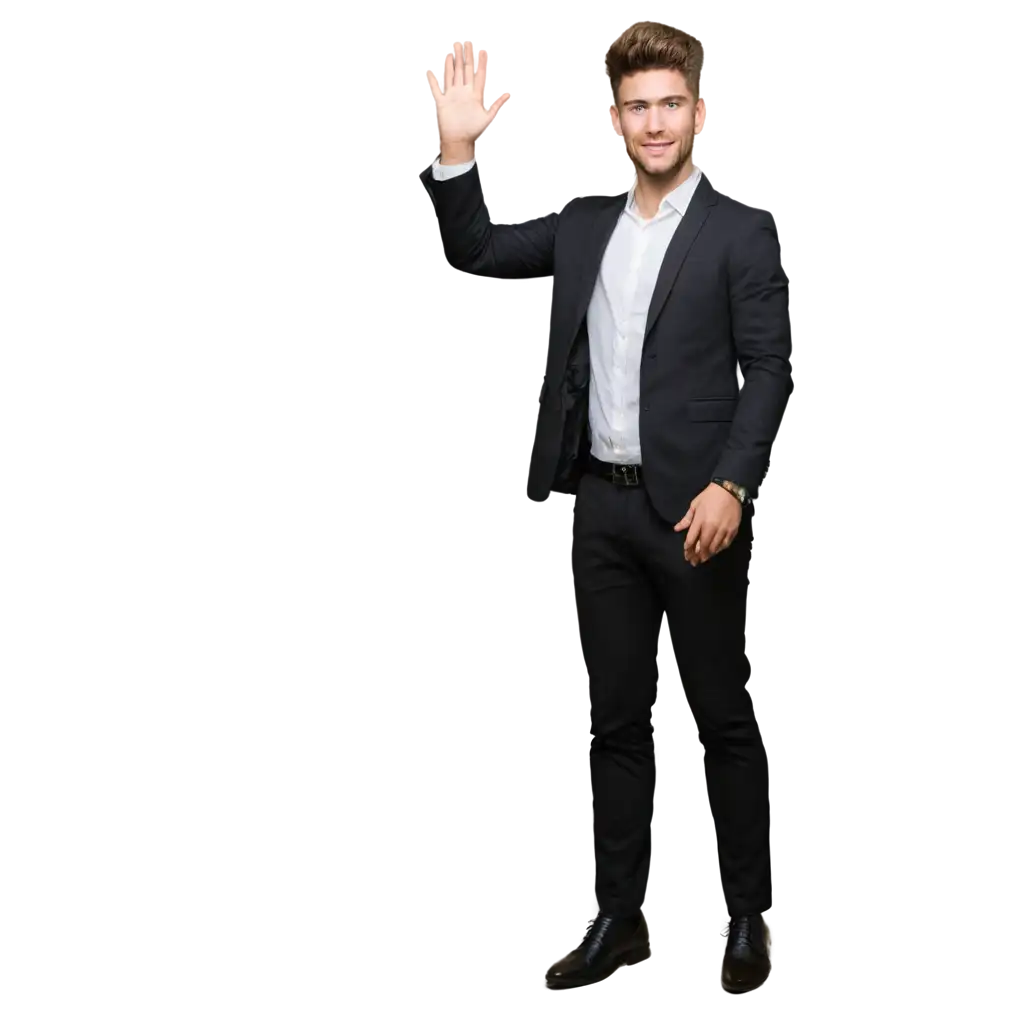 Elegant-PNG-Image-of-a-Man-in-Black-Formal-Suit-Gesturing-with-Raised-Hand